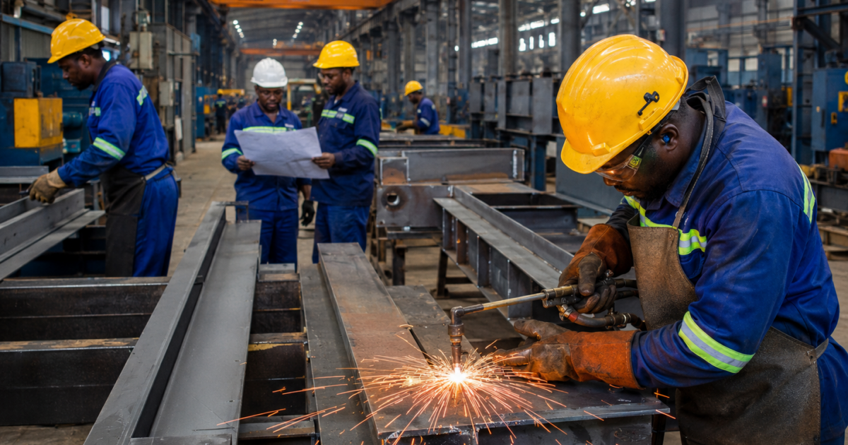 Travailleurs africains dans une usine métallurgique au Gabon réalisant des opérations de découpe et de fabrication de structures en acier.