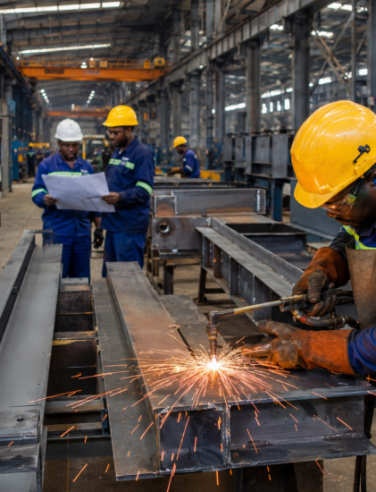 Travailleurs africains dans une usine métallurgique au Gabon réalisant des opérations de découpe et de fabrication de structures en acier.