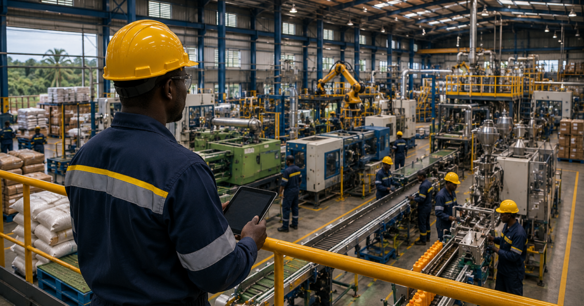 Usine manufacturière moderne au Gabon avec des travailleurs africains supervisant les lignes de production industrielles.