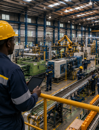 Usine manufacturière moderne au Gabon avec des travailleurs africains supervisant les lignes de production industrielles.