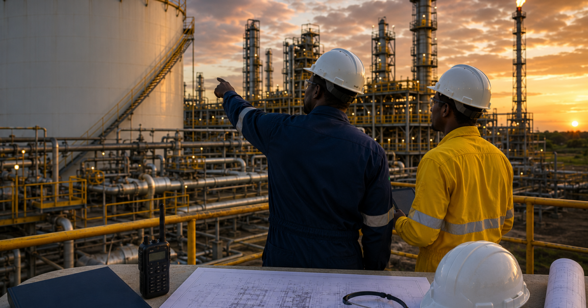 Ingénieurs africains supervisant une usine pétrolière et gazière industrielle au Gabon.