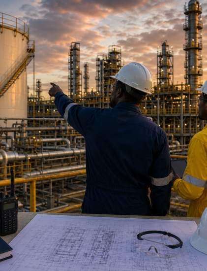 Ingénieurs africains supervisant une usine pétrolière et gazière industrielle au Gabon.
