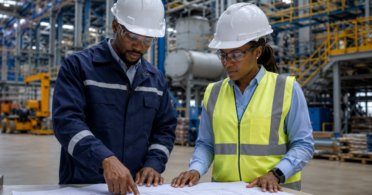 Ingénieurs examinant des plans techniques dans une usine industrielle au Gabon pour TEMGI Industries & Supply