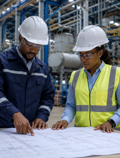 Ingénieurs examinant des plans techniques dans une usine industrielle au Gabon pour TEMGI Industries & Supply