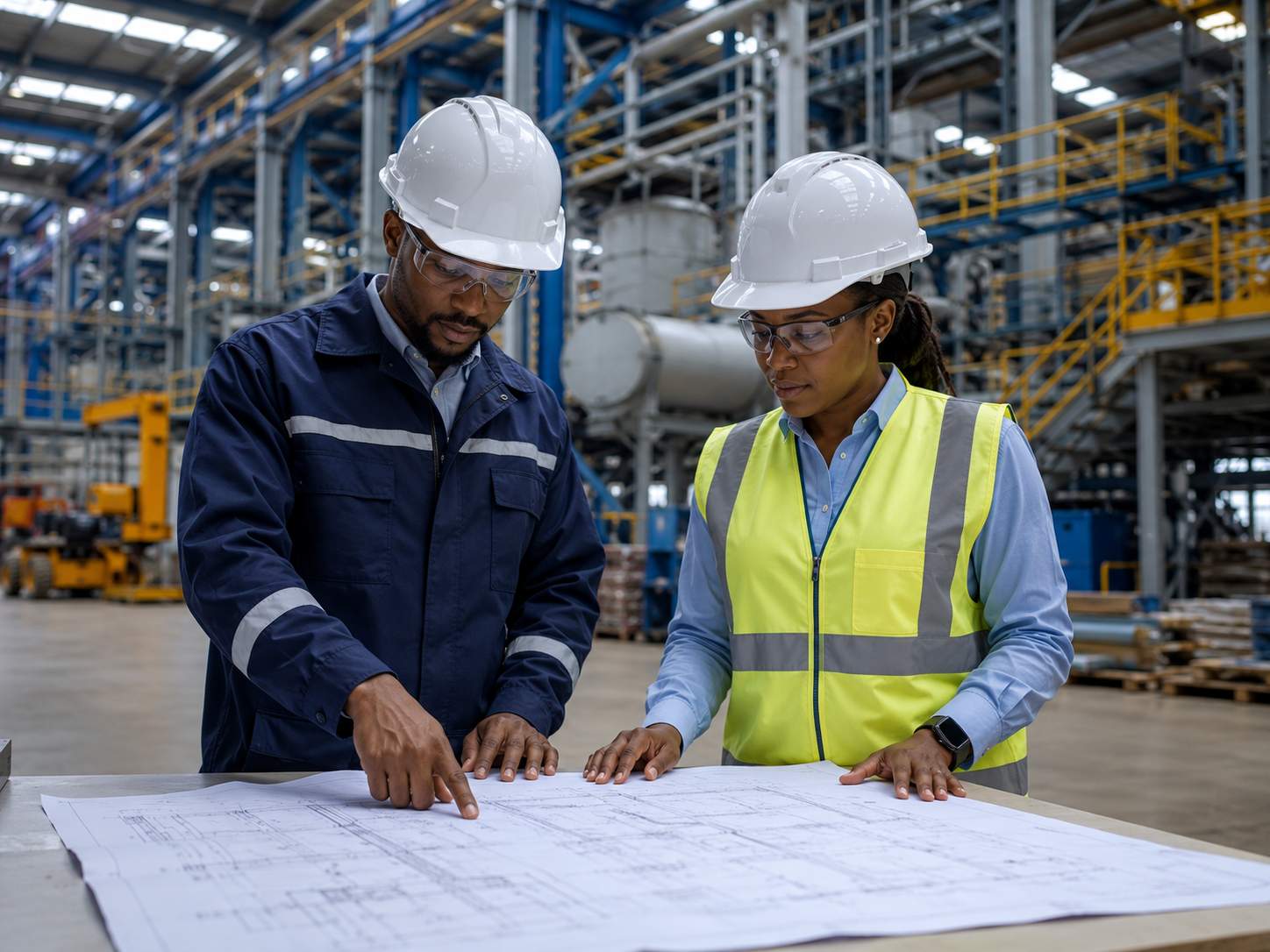 Ingénieurs examinant des plans techniques dans une usine industrielle au Gabon pour TEMGI Industries & Supply