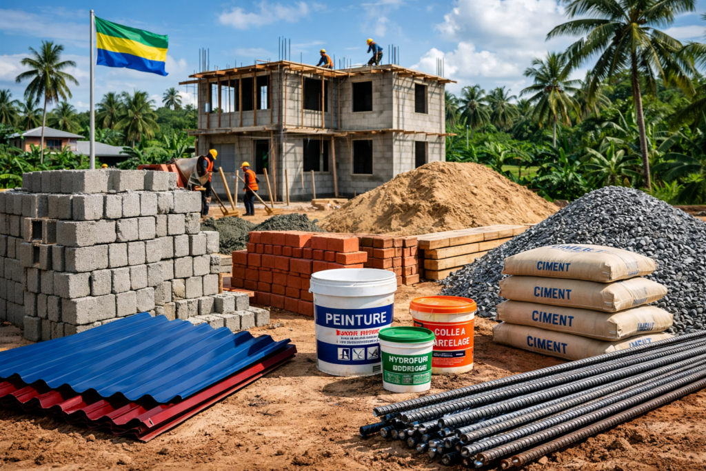 Matériaux de construction utilisés sur un chantier de maison au Gabon