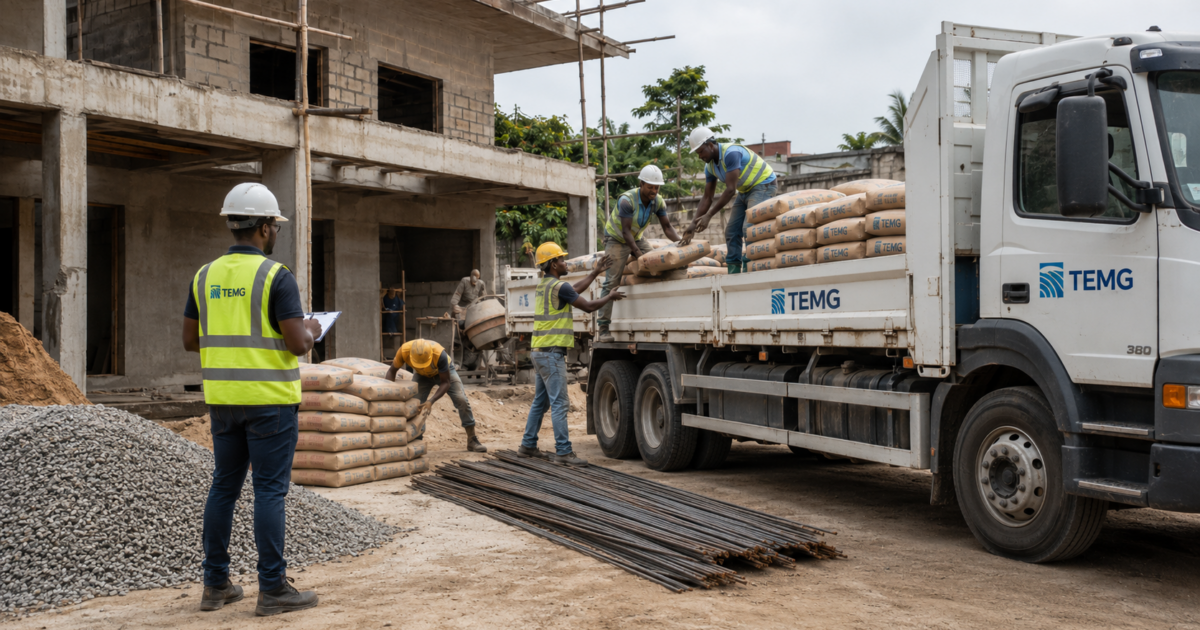 Livraison de matériaux sur un chantier résidentiel au Gabon avec ouvriers en déchargement et ingénieur TEMG supervisant l’approvisionnement.