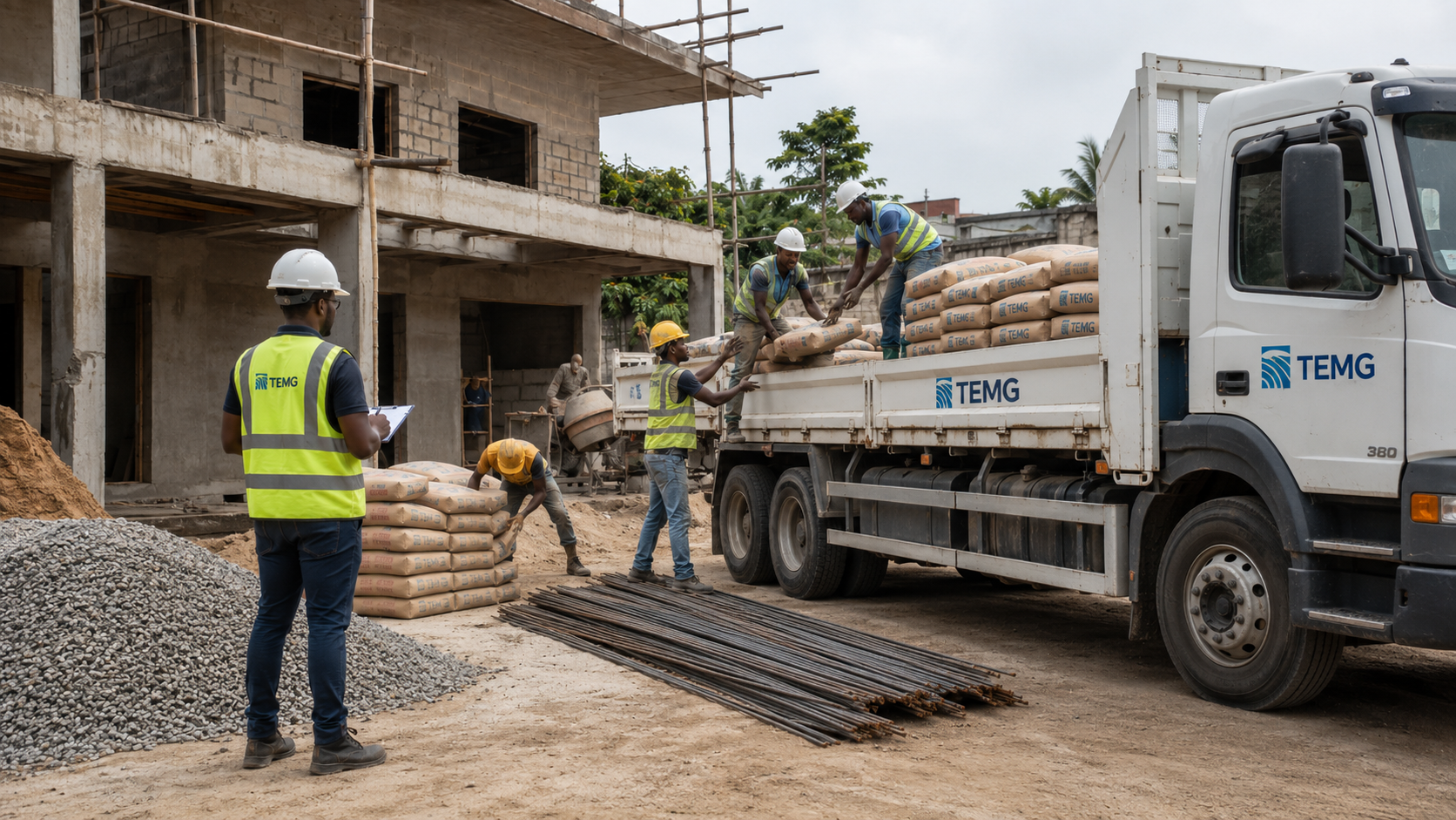 Livraison de matériaux sur un chantier résidentiel au Gabon avec ouvriers en déchargement et ingénieur TEMG supervisant l’approvisionnement.