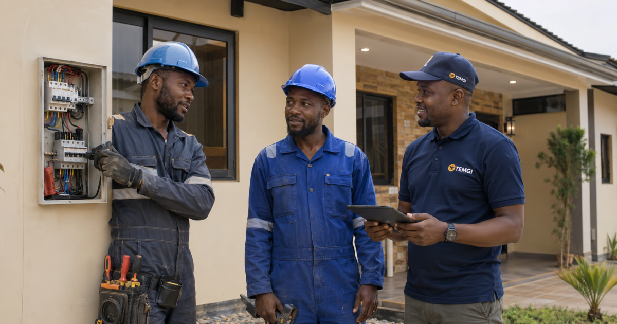 Deux artisans africains, dont un électricien, échangent avec un représentant TEMGI devant un chantier résidentiel terminé au Gabon