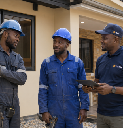 Deux artisans africains, dont un électricien, échangent avec un représentant TEMGI devant un chantier résidentiel terminé au Gabon