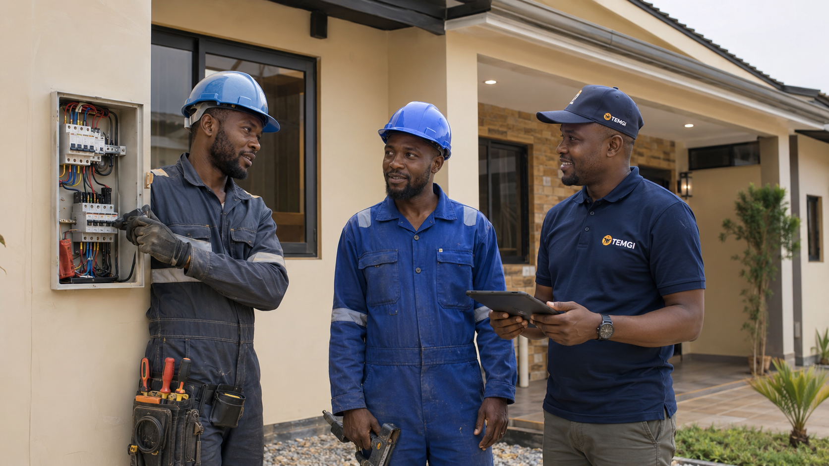 Deux artisans africains, dont un électricien, échangent avec un représentant TEMGI devant un chantier résidentiel terminé au Gabon