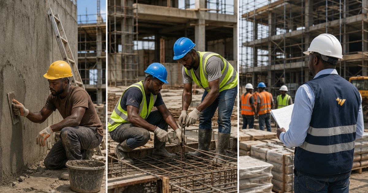 Montage visuel d’un chantier commercial au Gabon montrant un artisan, une petite équipe de chantier et un superviseur TEMG sur site