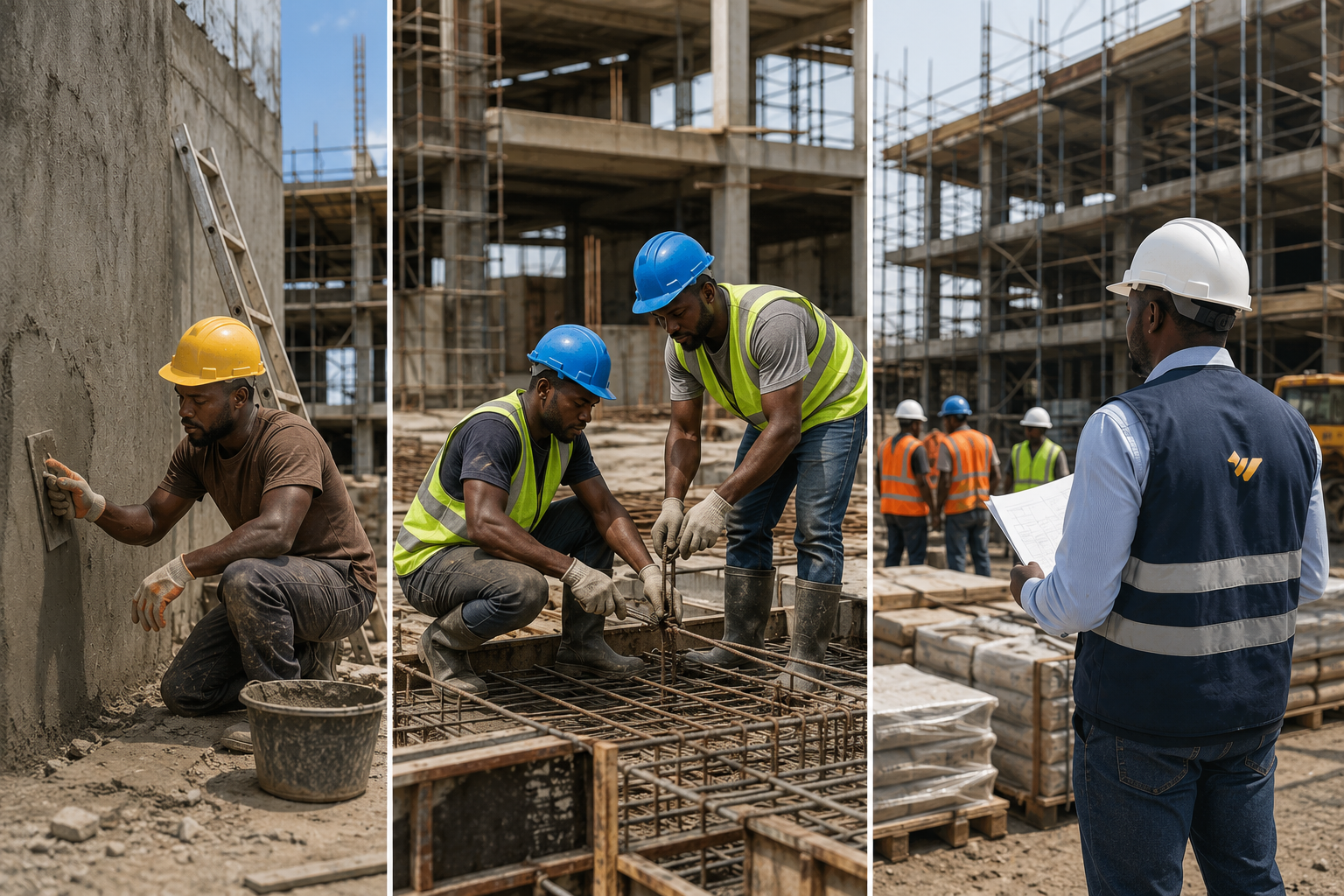 Montage visuel d’un chantier commercial au Gabon montrant un artisan, une petite équipe de chantier et un superviseur TEMG sur site