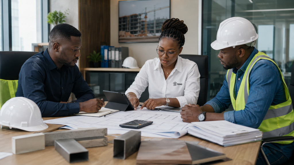 Trois professionnels africains analysent le budget, les plans et les dépenses d’un chantier lors d’une réunion dans les locaux TEMG au Gabon