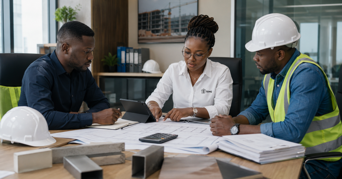 Trois professionnels africains analysent le budget, les plans et les dépenses d’un chantier lors d’une réunion dans les locaux TEMG au Gabon