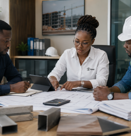 Trois professionnels africains analysent le budget, les plans et les dépenses d’un chantier lors d’une réunion dans les locaux TEMG au Gabon