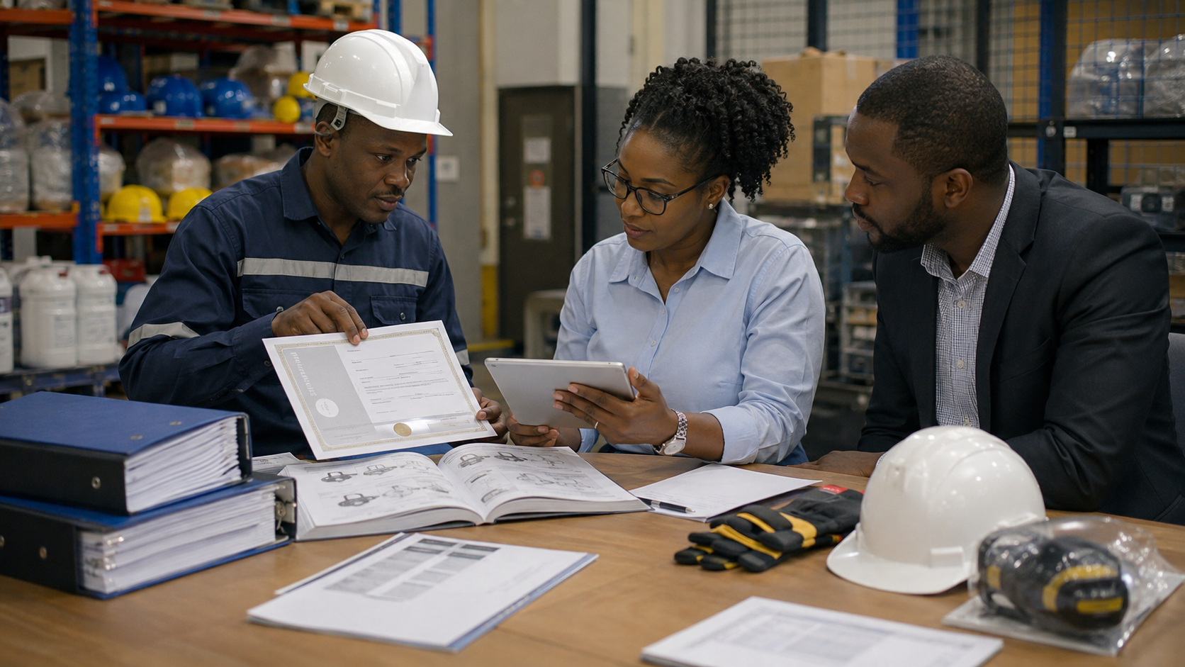 Contrôle d’un certificat de conformité et d’une notice technique avant remise au client dans un espace documentaire d’entrepôt au Gabon