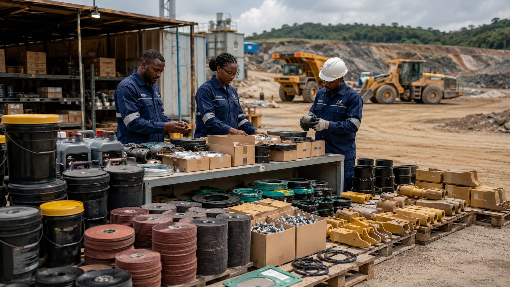 Professionnels TEMGI vérifiant des consommables industriels sur un espace de fournitures d’un site minier et BTP au Gabon, avec abrasifs, lubrifiants, fixations, joints et pièces d’usure.