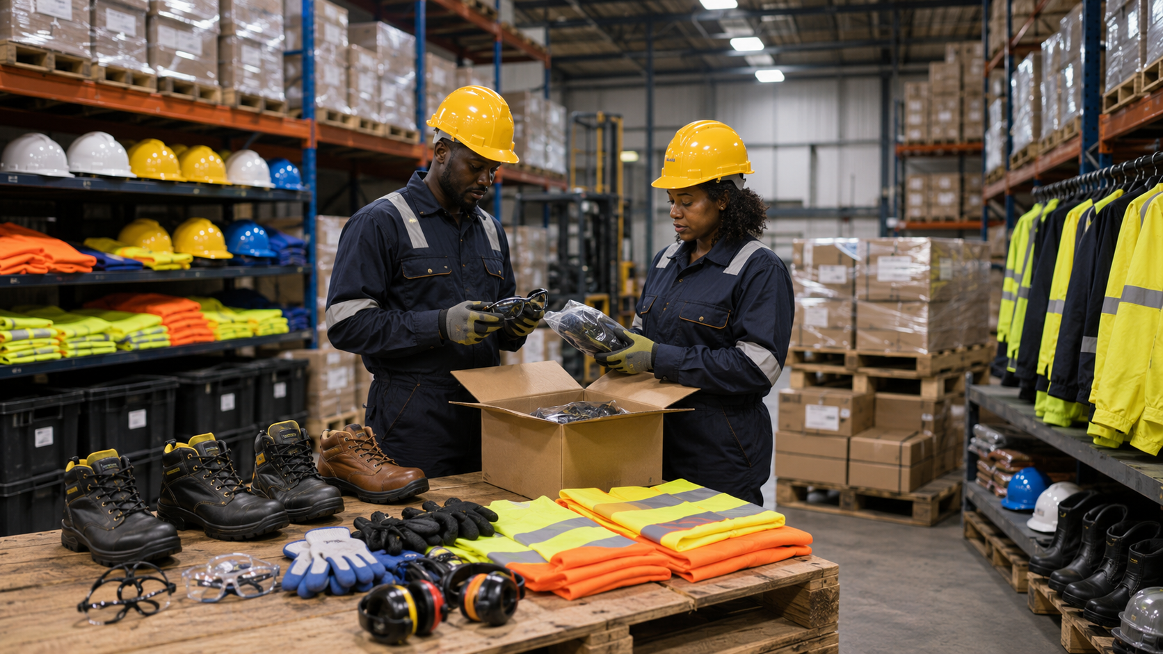Deux collaborateurs examinent des équipements de protection individuelle dans un entrepôt au Gabon, avec casques, gants, chaussures de sécurité et gilets haute visibilité.