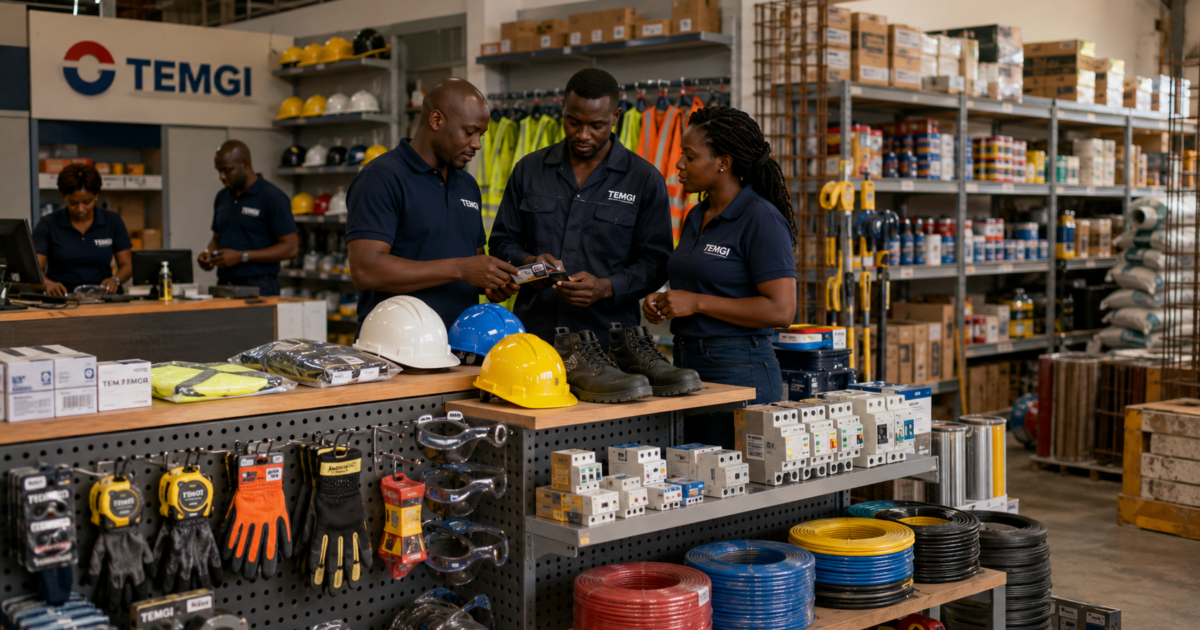 Équipe TEMGI dans un entrepôt de fournitures industrielles au Gabon avec EPI, outillage, matériel électrique et consommables