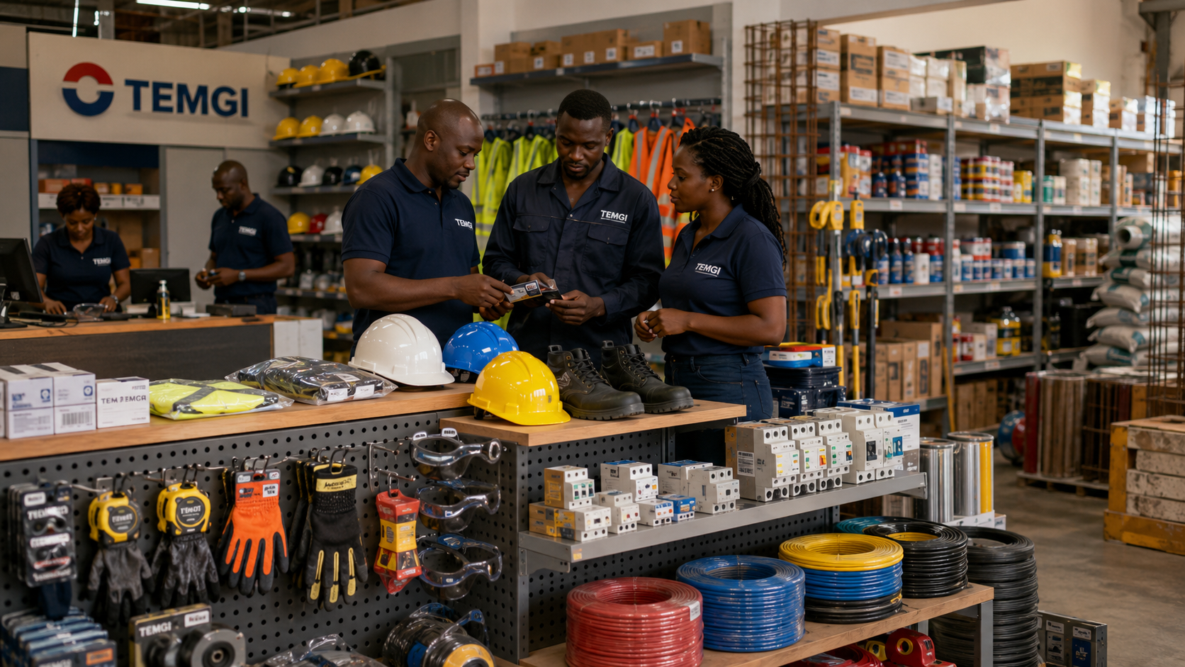 Équipe TEMGI dans un entrepôt de fournitures industrielles au Gabon avec EPI, outillage, matériel électrique et consommables
