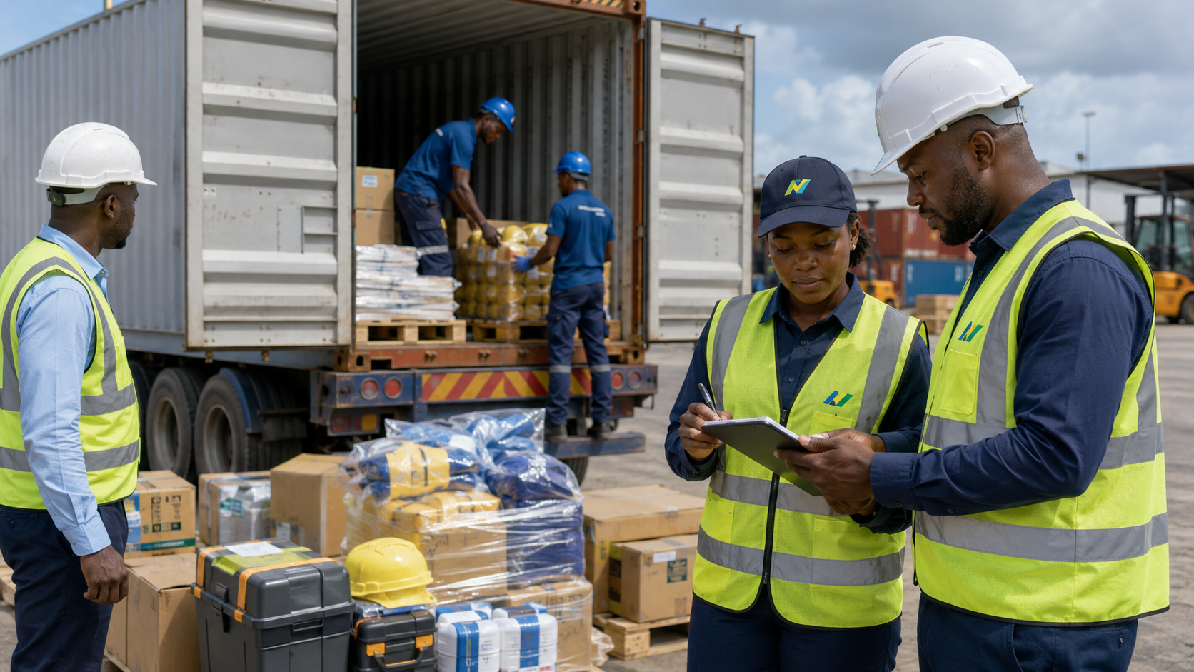 Équipe TEMGI supervisant le chargement d’un conteneur avec EPI, outillage et fournitures industrielles au Gabon.
