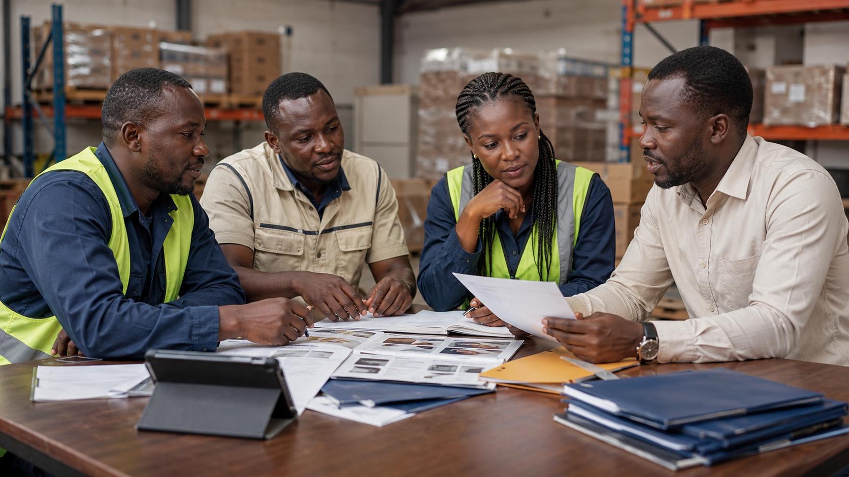 Équipe TEMGI en tenue de chantier échangeant avec un fournisseur africain autour de documents de sourcing et de négociation dans un entrepôt au Gabon.