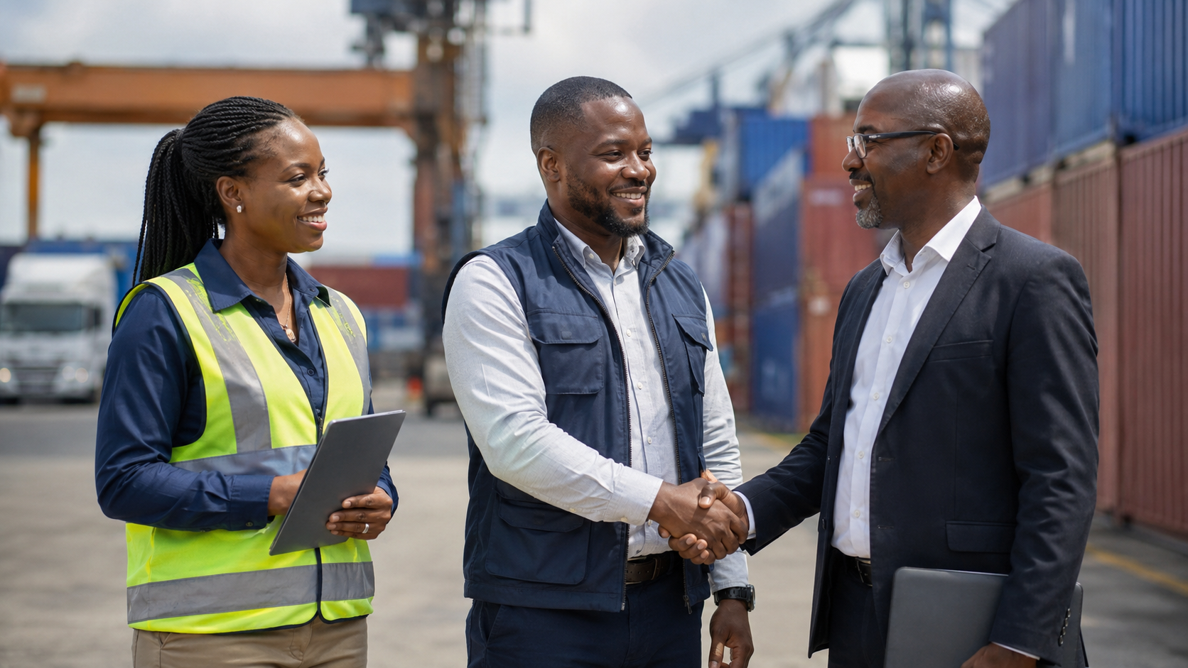 Collaborateurs TEMGI et fournisseur africain concluant un accord commercial dans une zone portuaire au Gabon, avec des conteneurs en arrière-plan.