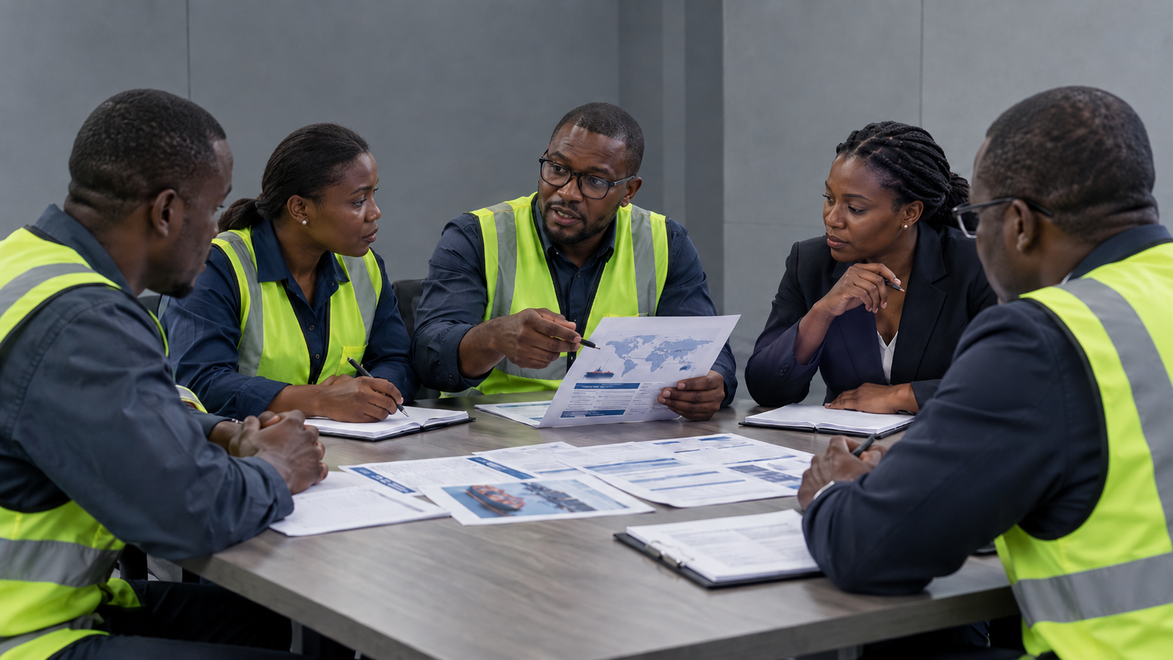 Équipe TEMGI et partenaires africains réunis autour de documents de sourcing et d’importation pour coordonner une opération d’intermédiation commerciale au Gabon.