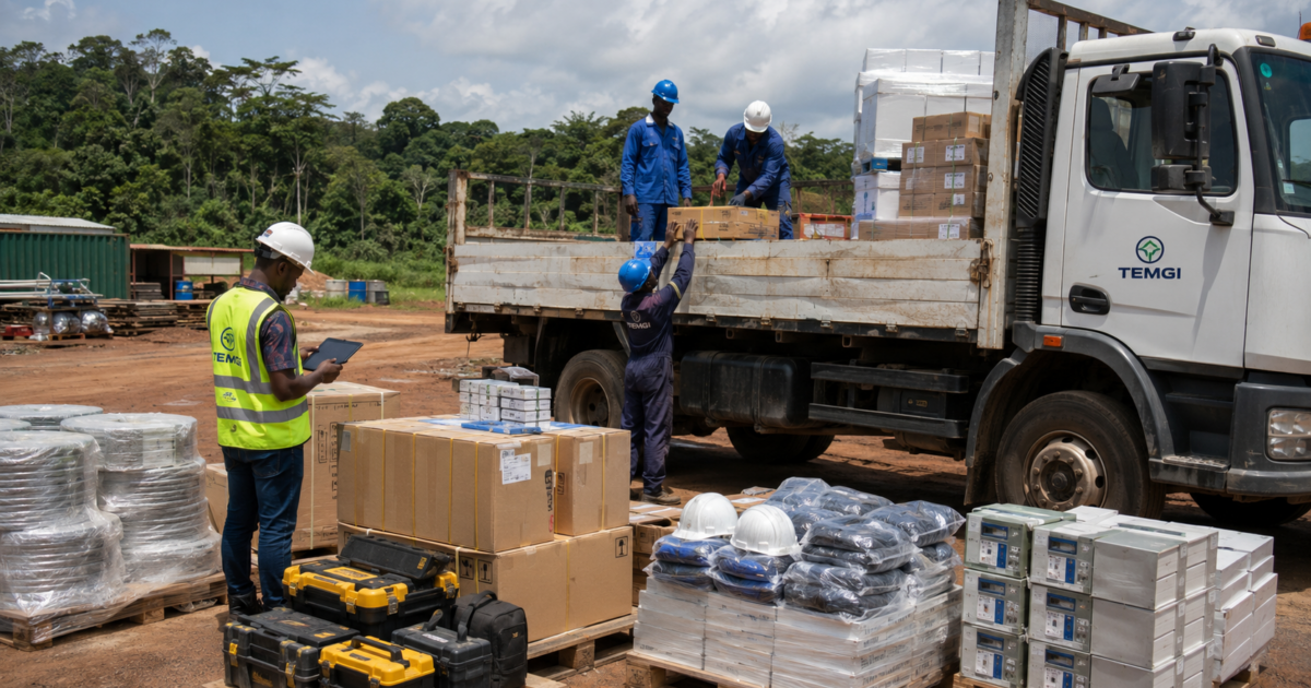 quipe TEMGI chargeant un camion avec EPI, outillage et matériel électrique pour une livraison sur un site éloigné au Gabon