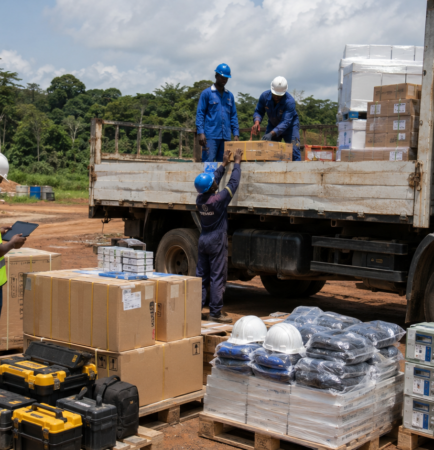 quipe TEMGI chargeant un camion avec EPI, outillage et matériel électrique pour une livraison sur un site éloigné au Gabon