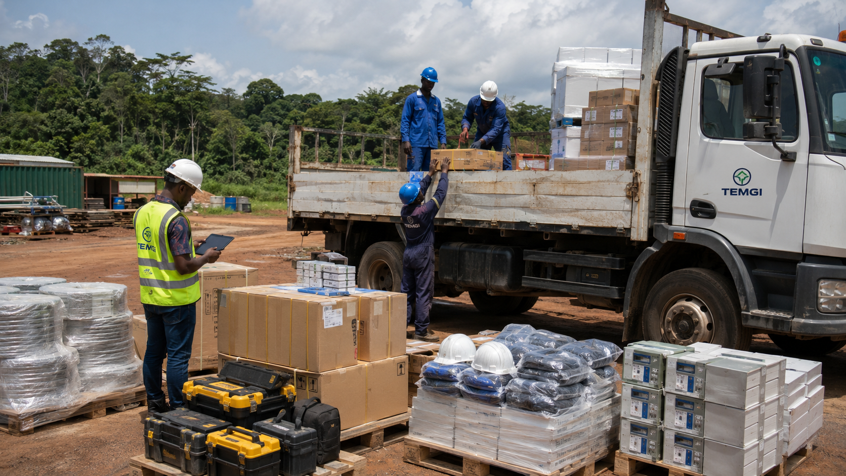 quipe TEMGI chargeant un camion avec EPI, outillage et matériel électrique pour une livraison sur un site éloigné au Gabon