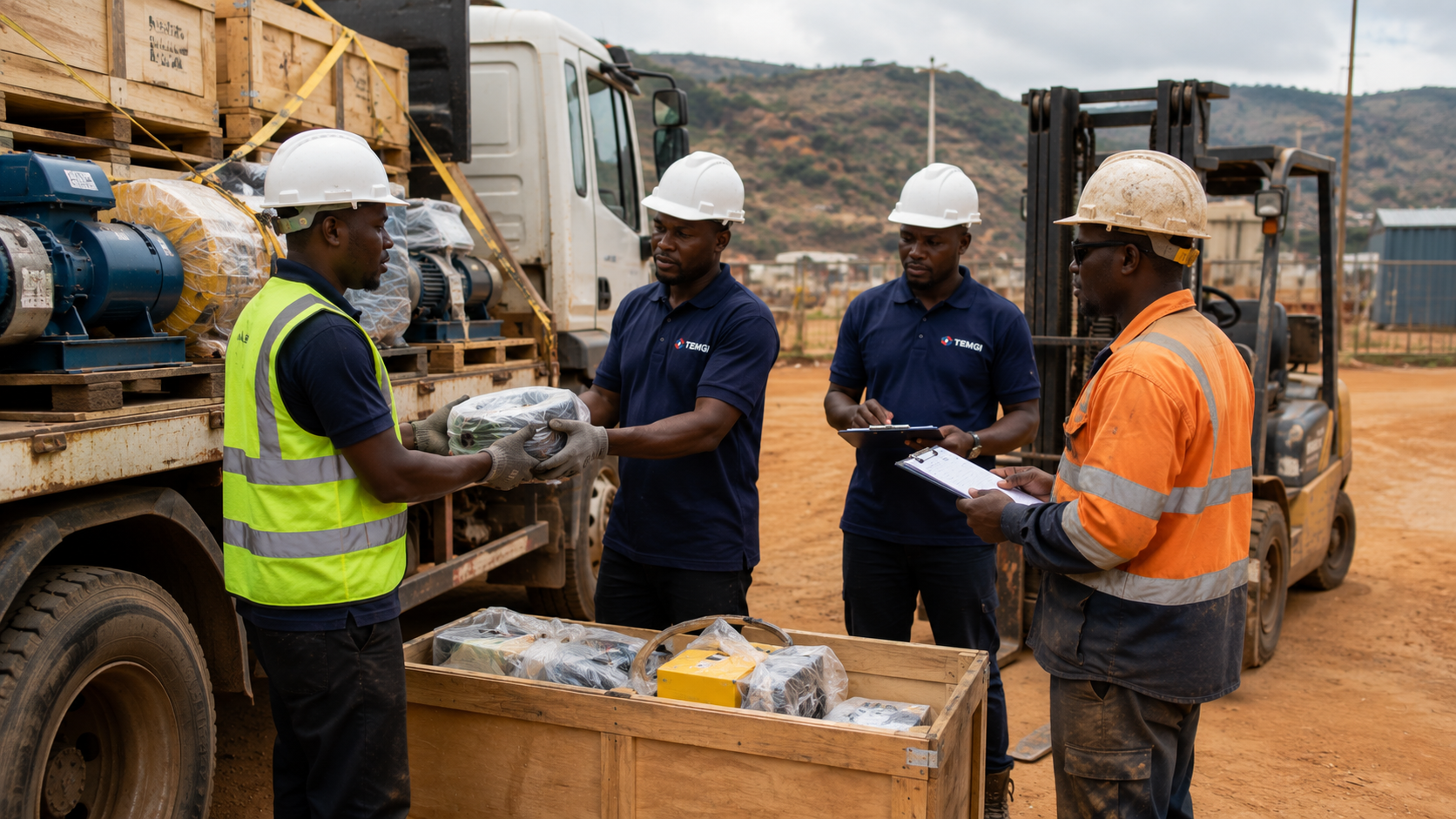 Équipe TEMGI assurant la livraison et la remise d’équipements miniers à un responsable de site industriel au Gabon.