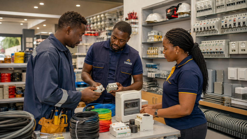 Trois professionnels africains vérifient des câbles, disjoncteurs et coffrets électriques dans un magasin moderne TEMGI au Gabon