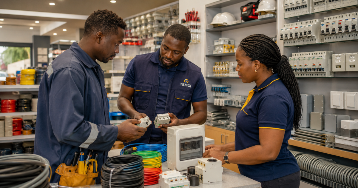 Trois professionnels africains vérifient des câbles, disjoncteurs et coffrets électriques dans un magasin moderne TEMGI au Gabon