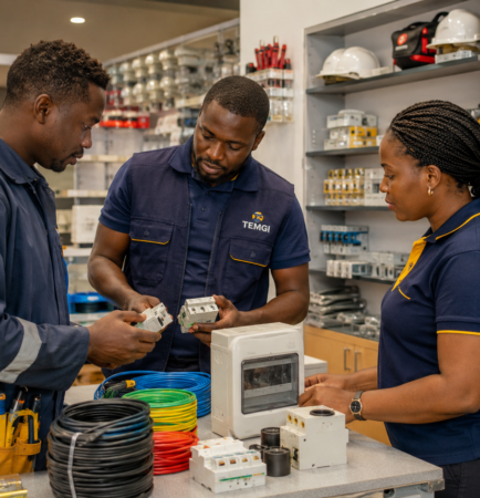 Trois professionnels africains vérifient des câbles, disjoncteurs et coffrets électriques dans un magasin moderne TEMGI au Gabon