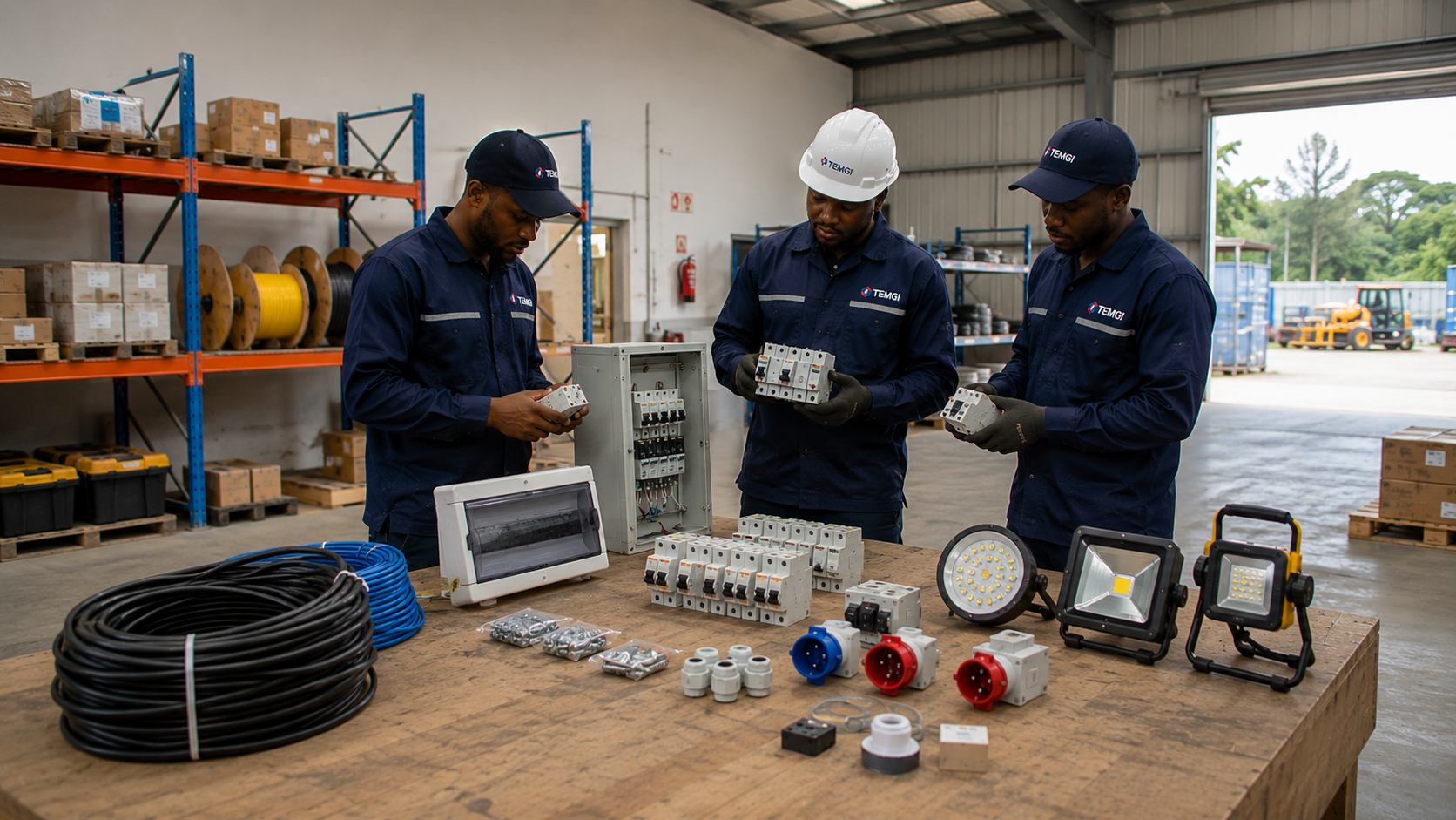 Professionnels TEMGI vérifiant des câbles, tableaux électriques, disjoncteurs et éclairages de chantier dans un entrepôt technique au Gabon.