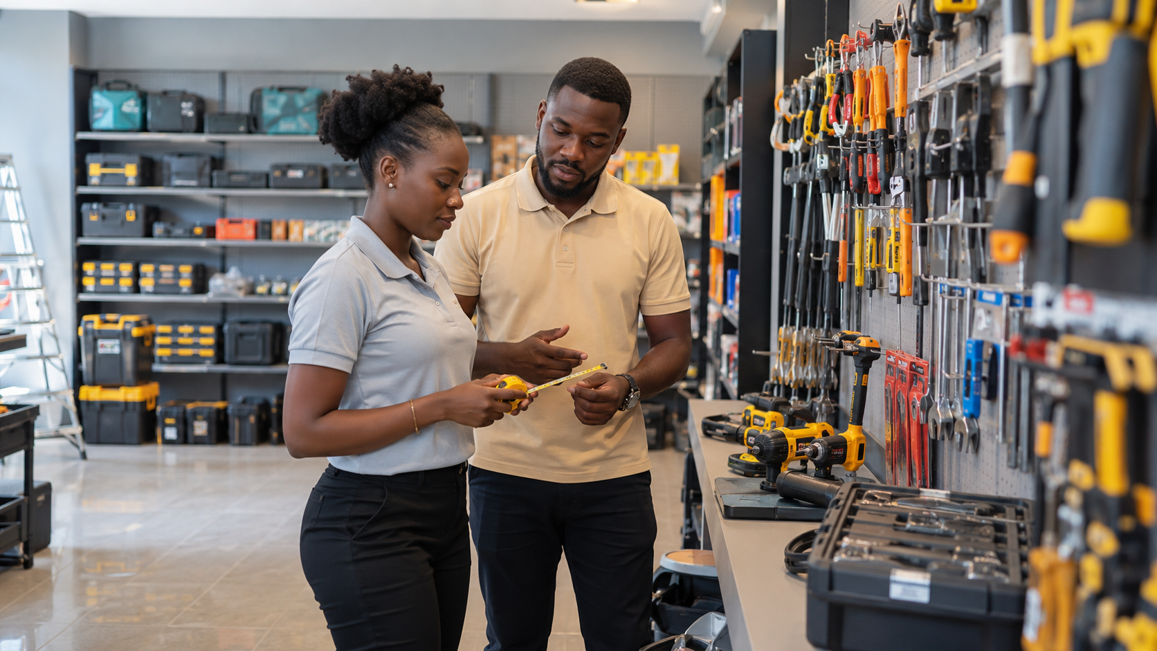 Deux professionnels africains examinent un assortiment d’outillage BTP dans un showroom au Gabon, avec outils à main et équipements électroportatifs.