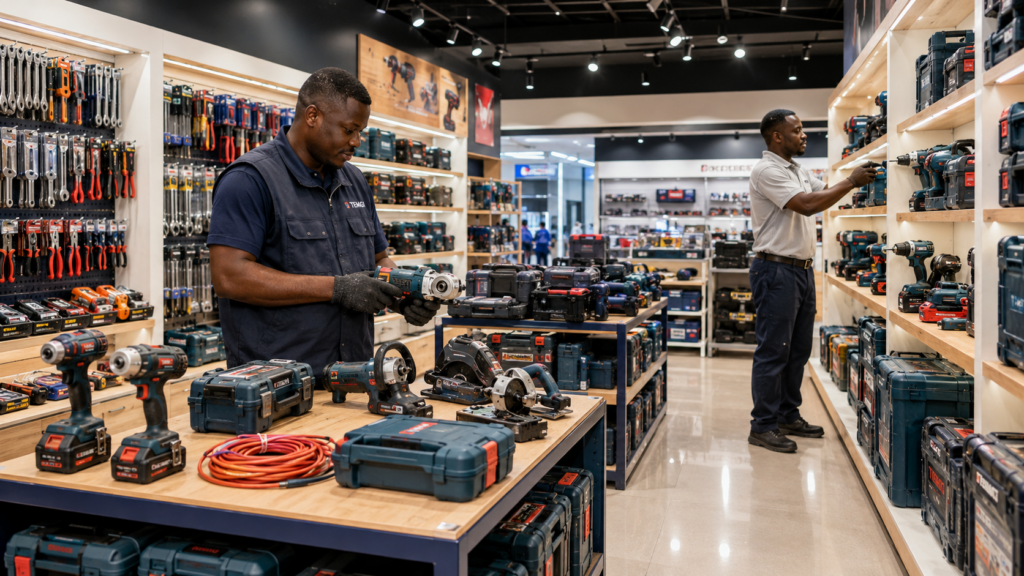 Magasin TEMGI d’outillage professionnel au Gabon avec outils électriques, équipements de chantier et deux professionnels africains.
