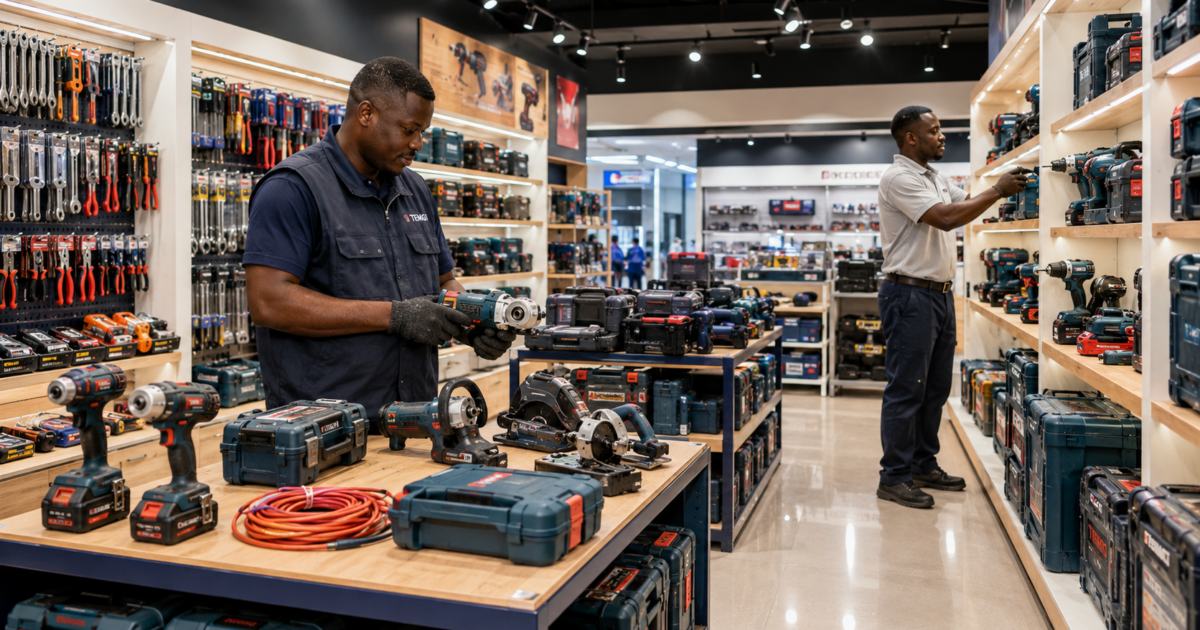 Magasin TEMGI d’outillage professionnel au Gabon avec outils électriques, équipements de chantier et deux professionnels africains.
