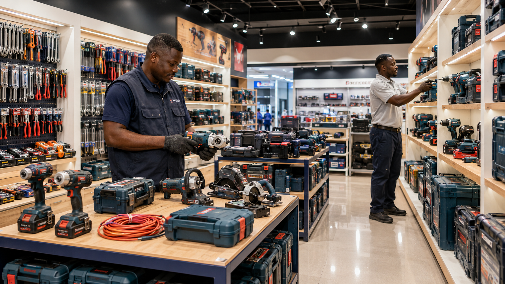 Magasin TEMGI d’outillage professionnel au Gabon avec outils électriques, équipements de chantier et deux professionnels africains.