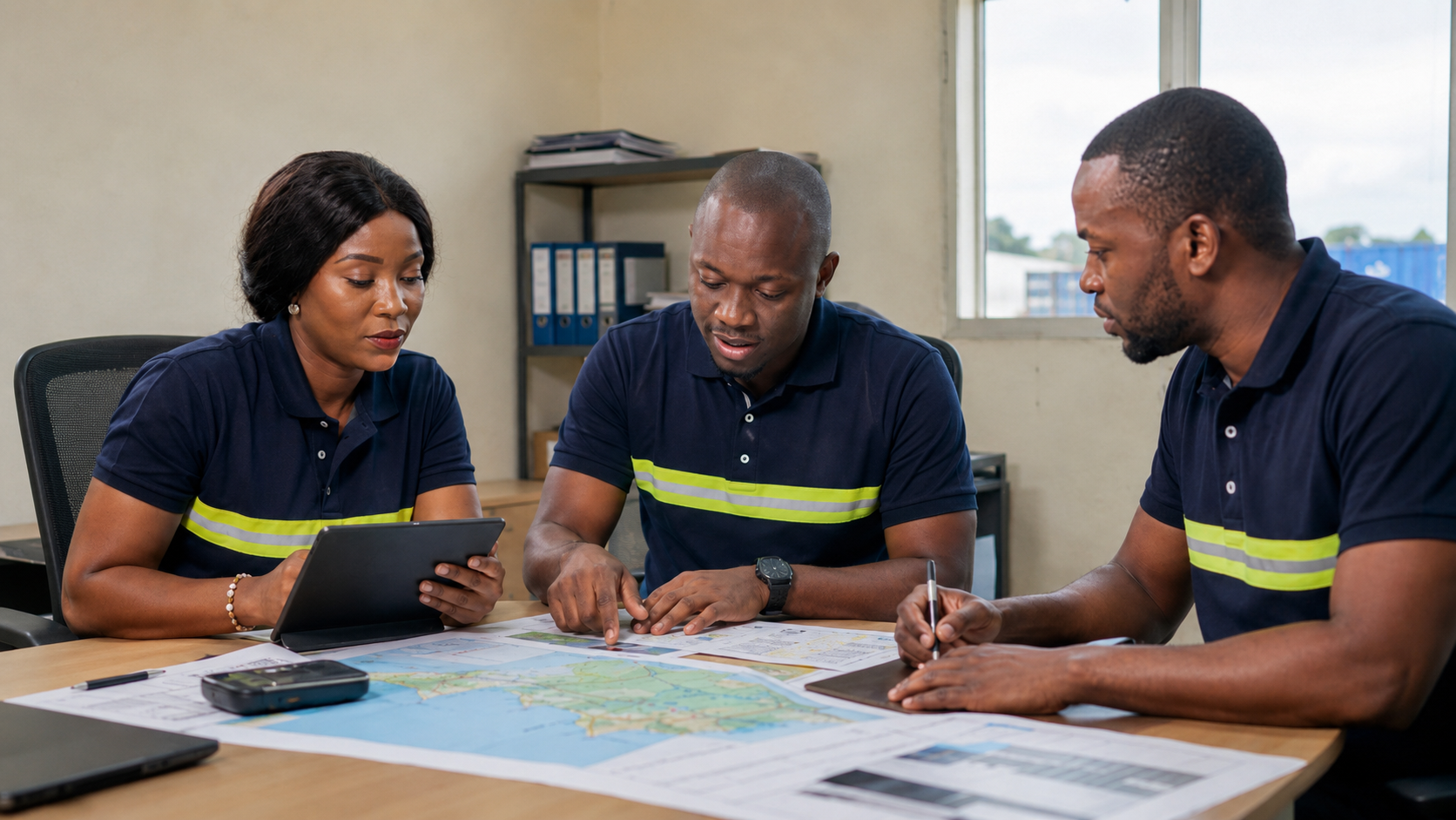 Équipe TEMGI planifiant le transport et les itinéraires de livraison à partir de documents logistiques et d’une tablette dans un bureau au Gabon.