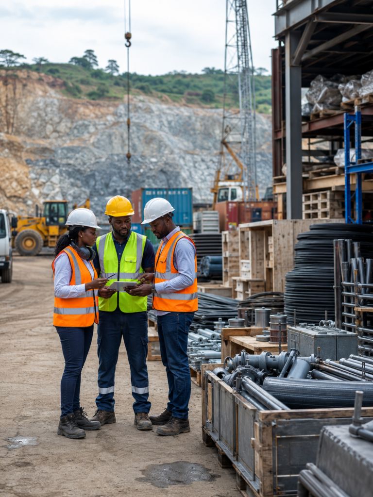 Équipe de Tout En Main Gabon Industries & Supply sur un site industriel avec des fournitures minières et industrielles destinés aux secteurs minier, industriel et BTP au Gabon