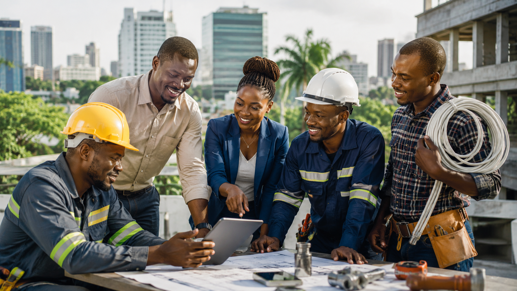 Professionnels africains du BTP et artisans réunis autour d’une table de travail pour échanger sur des projets et services au Gabon.