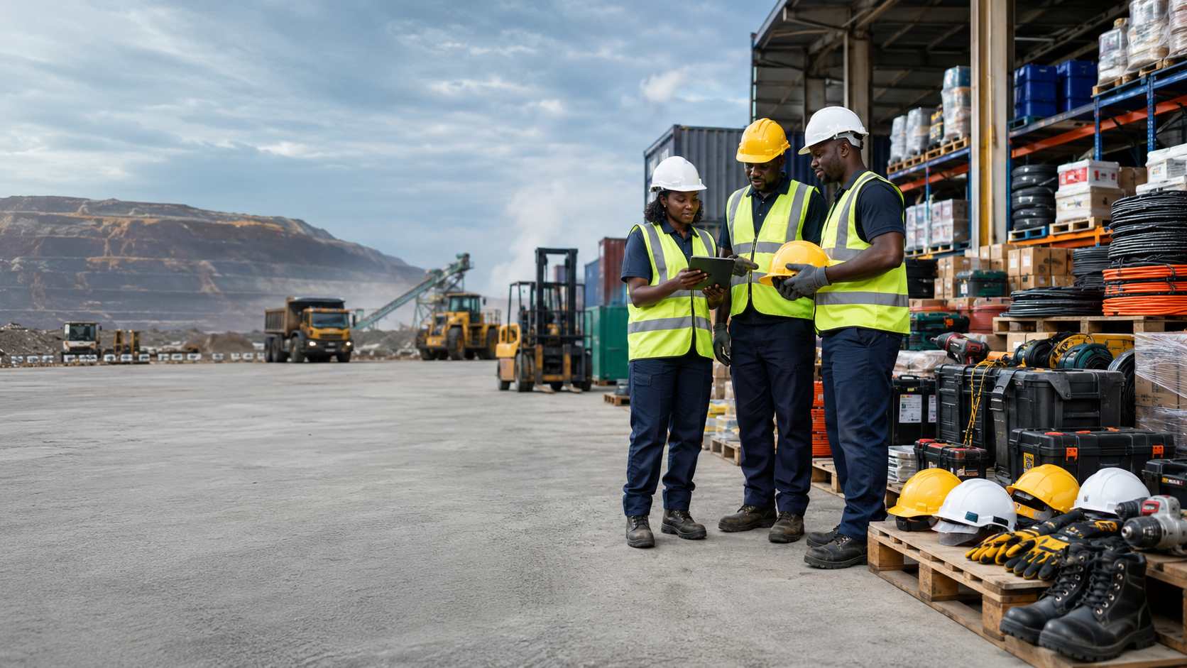 Équipe de TEMGI sur un site industriel au Gabon avec équipements EPI, outillage BTP et consommables destinés aux secteurs minier et BTP