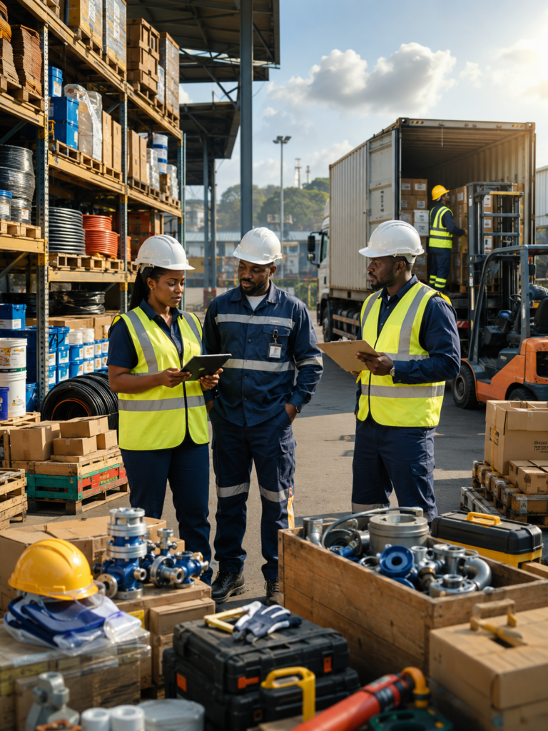 Équipe africaine de TEMG Industries & Supply au sein d’un entrepôt industriel au Gabon, avec équipements, matériaux, stockage et préparation logistique de livraisons.