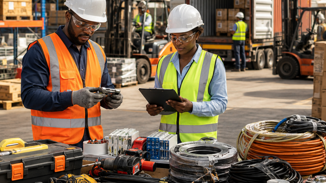 Équipe TEMG Industries contrôlant des EPI, outils et fournitures industrielles dans une zone logistique au Gabon