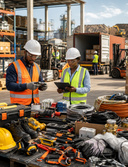 Équipe TEMG Industries contrôlant des EPI, outils et fournitures industrielles dans une zone logistique au Gabon