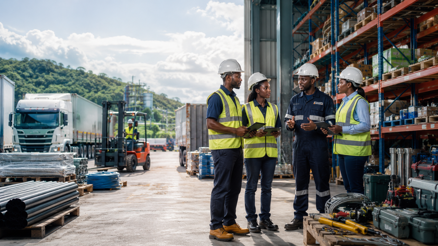 Professionnels de l'industrie dans un entrepôt logistique inspectant des équipements et des matériaux destinés aux secteurs minier, industriel et du BTP.