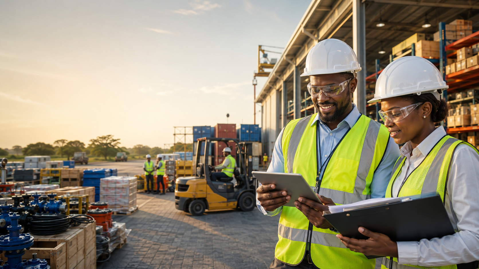 Professionnels africains de TEMGI supervisant des équipements et fournitures industrielles sur une plateforme logistique au Gabon